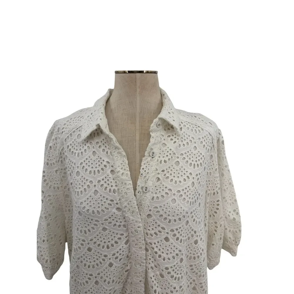 Tanya Taylor Aliciana Eyelet Lace Shirt Dress White Cotton Midi Size 18 NWT